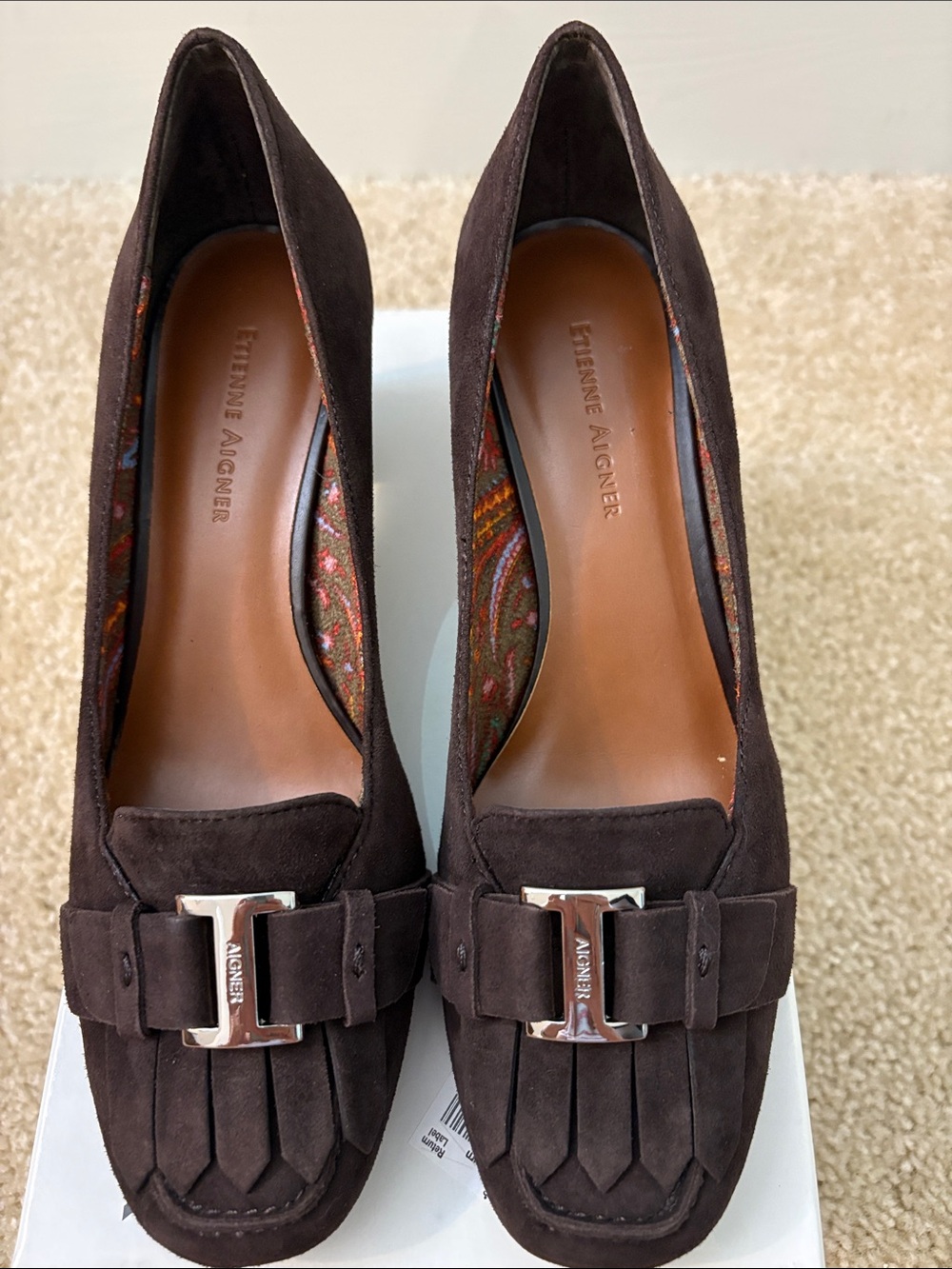 Etienne Aigner Dark Brown Suede Loafer Heels with Silver Buckle